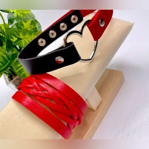 🖤❤️Black/Red Leather Heart Choker & Wristband - Custom Set Heart Series …l New